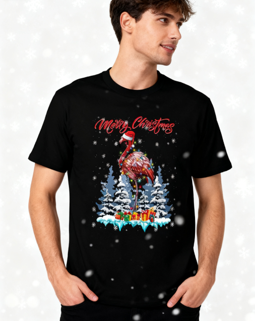 Merry Christmas Flamingo Graphic T-Shirt - 100% Cotton product image 1