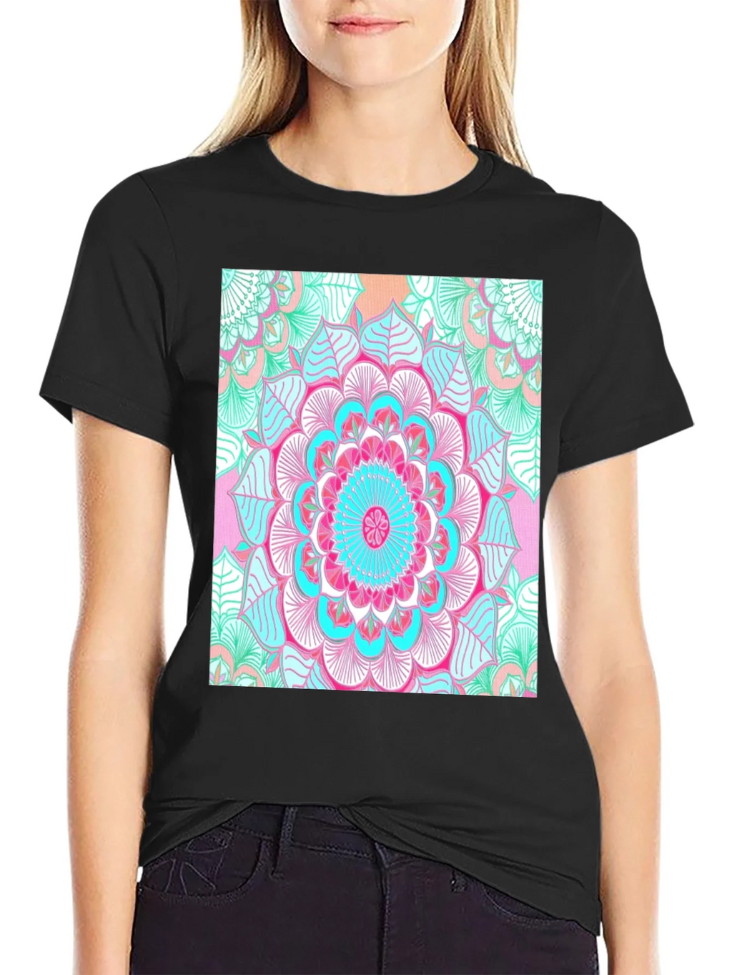 Vibrant Mandala Print Black T-Shirt product image 2