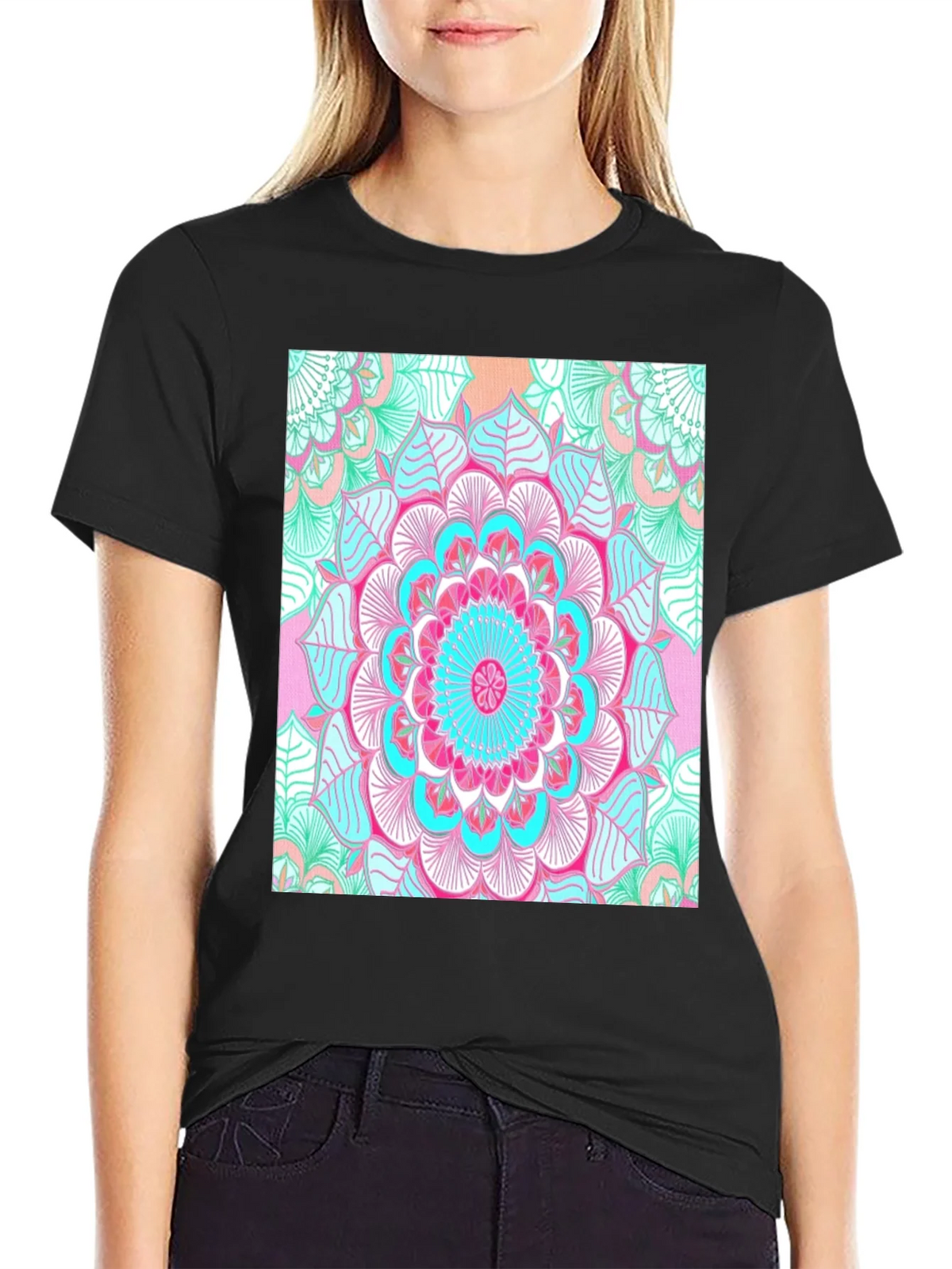 Vibrant Mandala Print Black T-Shirt product image 2
