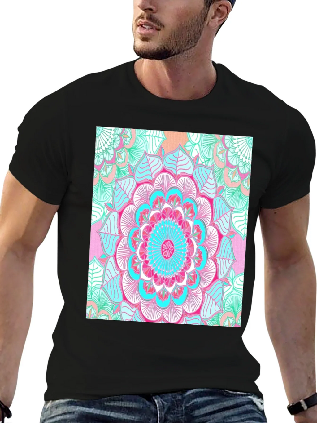 Vibrant Mandala Print Black T-Shirt product image 6