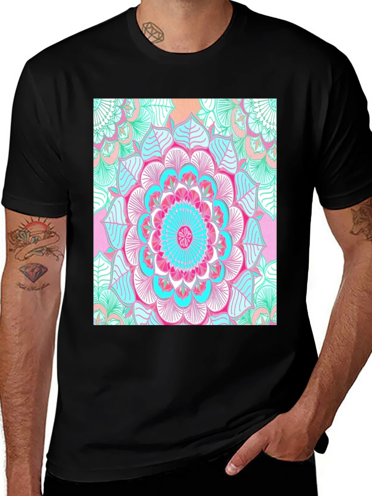 Vibrant Mandala Print Black T-Shirt product image 1