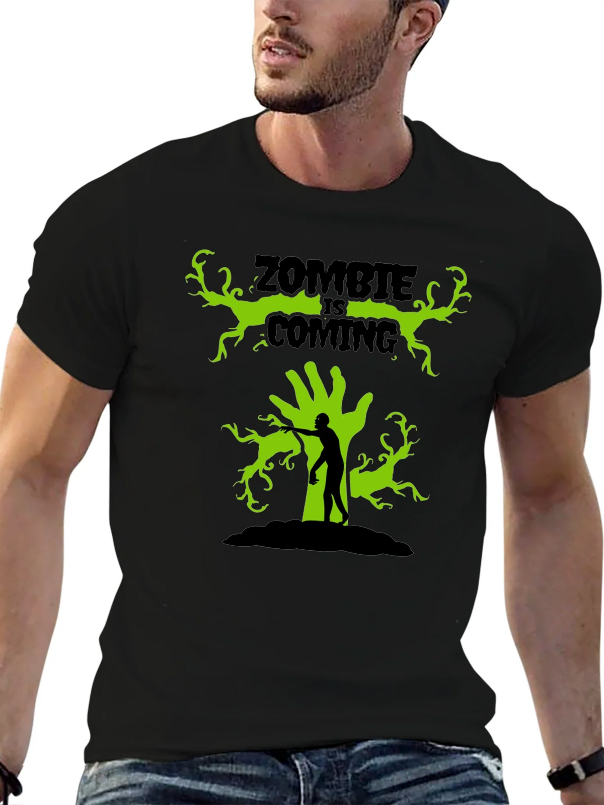 Zombie Is Coming Black Graphic T-Shirt product image 5
