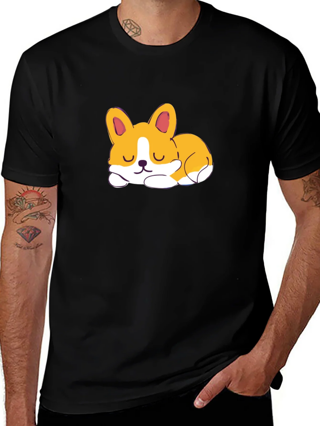 Cute Corgi Sleeping Graphic Black T-Shirt product image 1