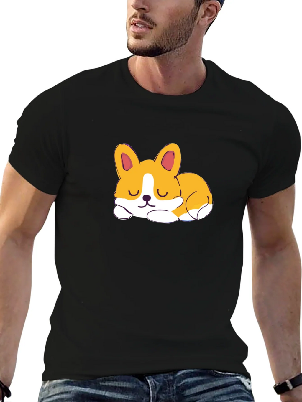 Cute Corgi Sleeping Graphic Black T-Shirt product image 6