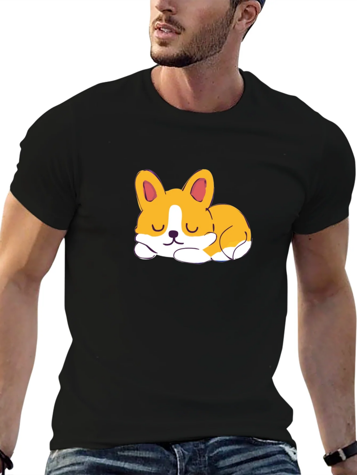Cute Corgi Sleeping Graphic Black T-Shirt product image 6