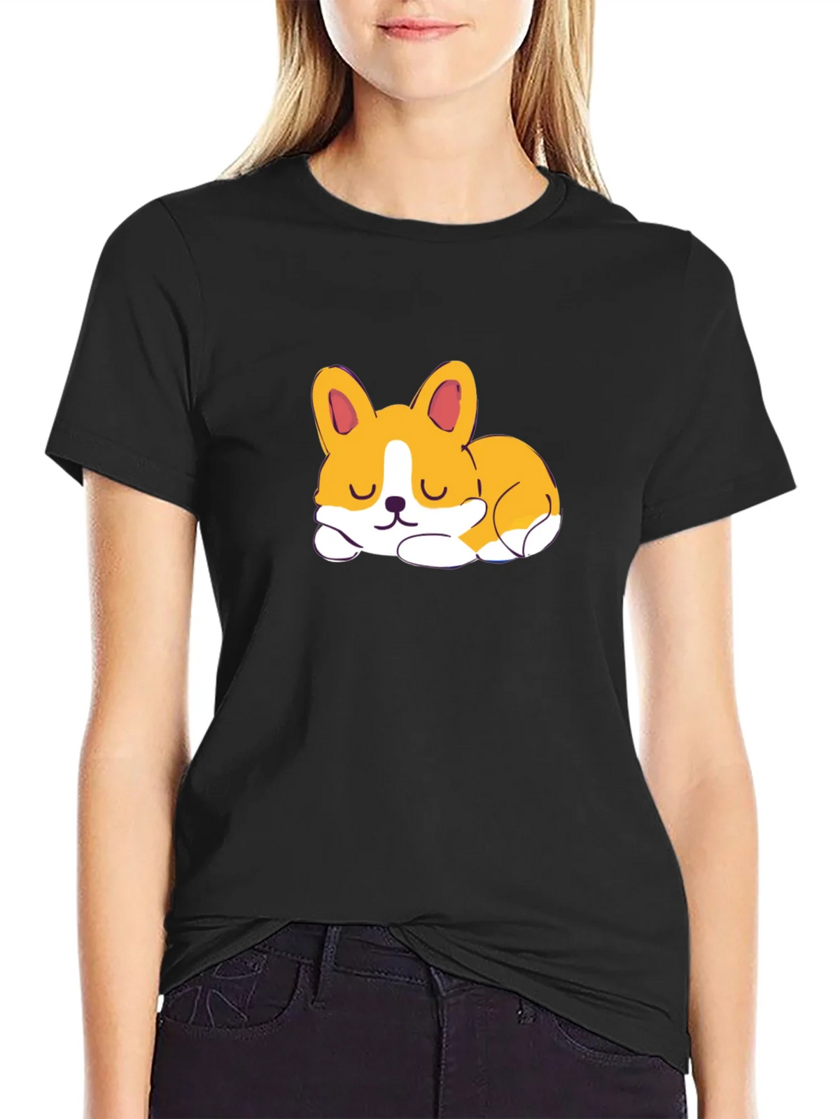 Cute Corgi Sleeping Graphic Black T-Shirt product image 2