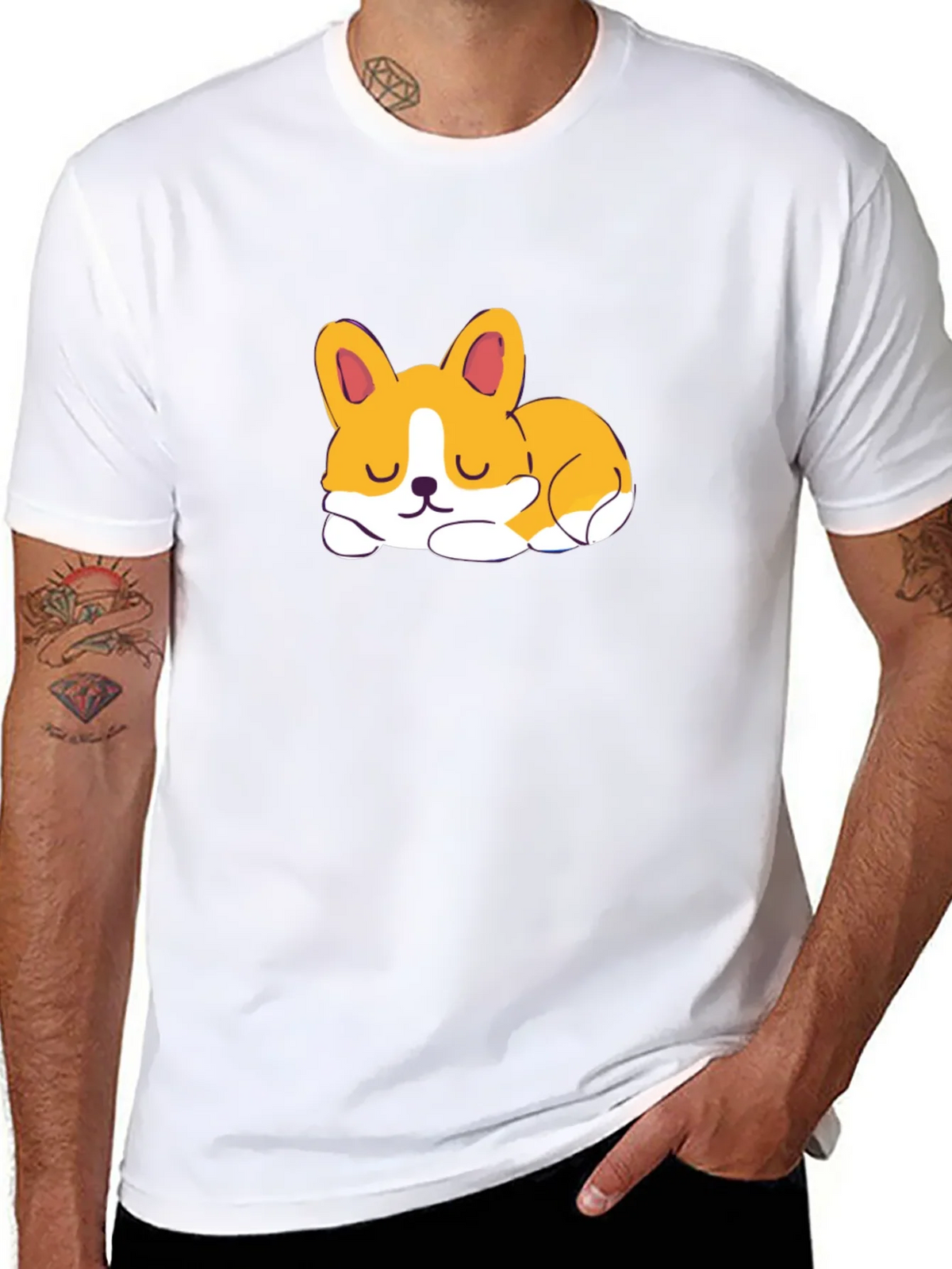 Cute Corgi Sleeping Graphic Black T-Shirt product image 7