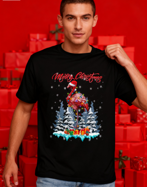 Merry Christmas Flamingo Graphic T-Shirt - 100% Cotton product image 7
