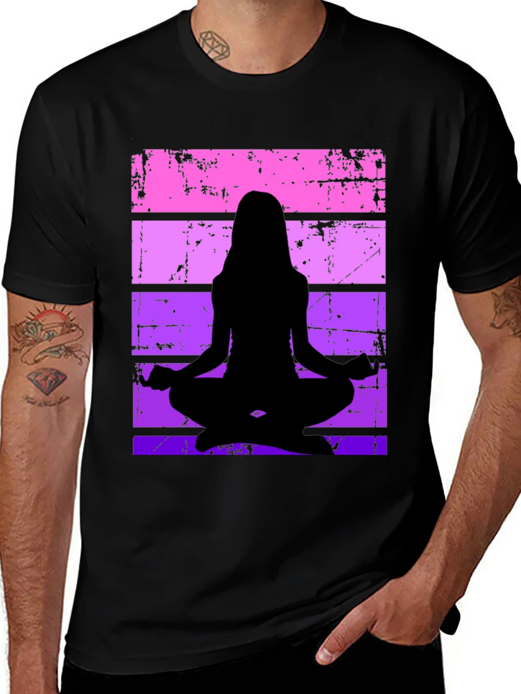 Yoga Silhouette Graphic Tee - Retro Stripe Design product image 1