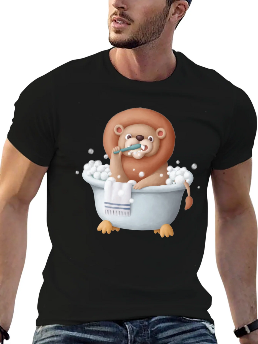 Funny Lion in Bathtub Graphic T-Shirt product image 6