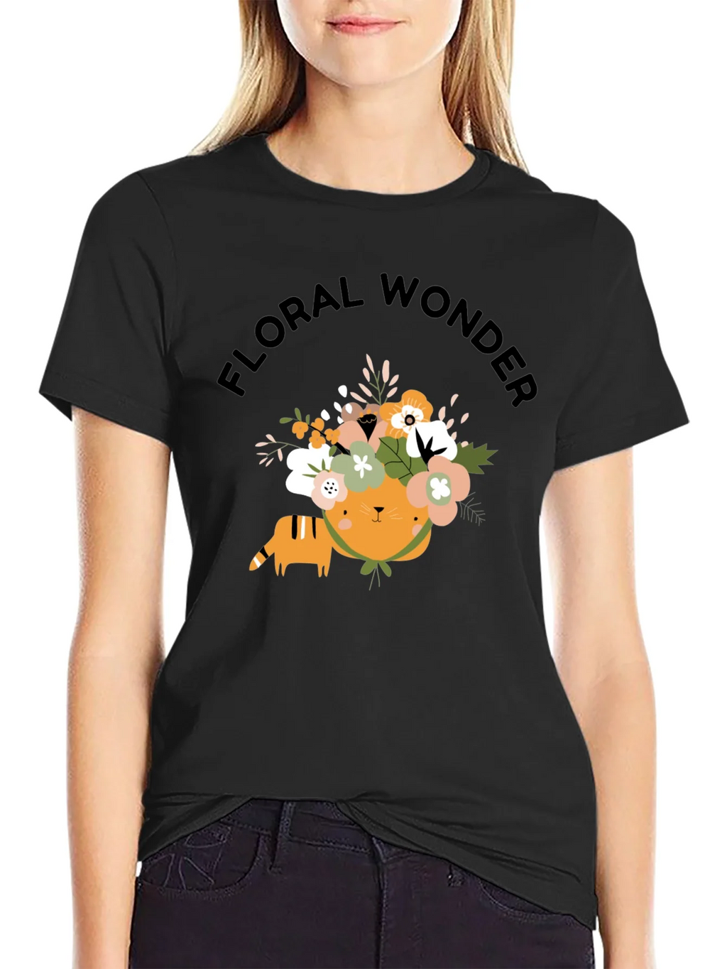 Floral Wonder Cat T-Shirt - Soft Black Cotton product image 2