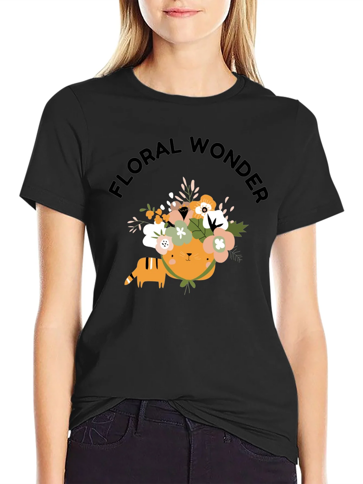 Floral Wonder Cat T-Shirt - Soft Black Cotton product image 2