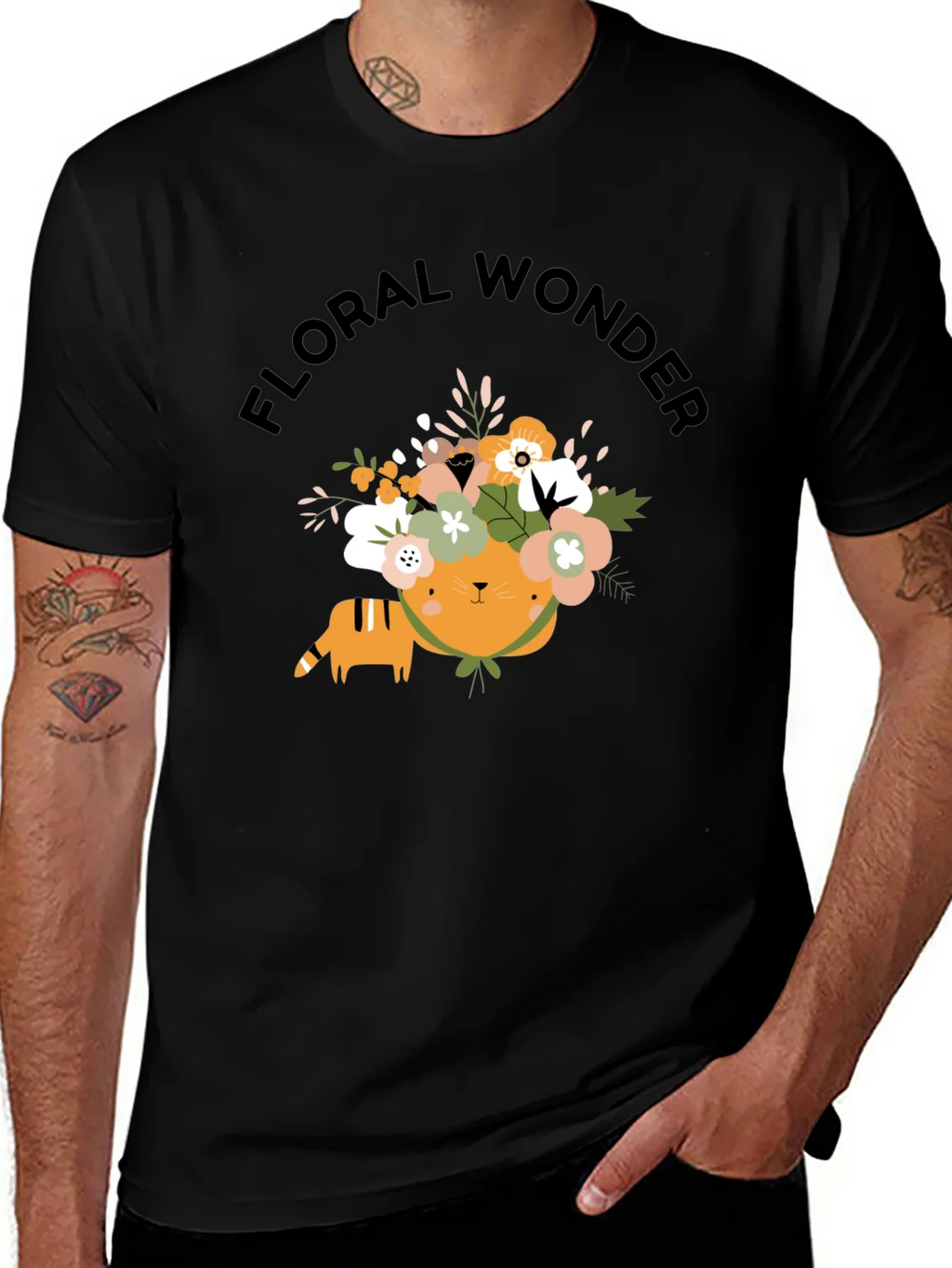 Floral Wonder Cat T-Shirt - Soft Black Cotton product image 1