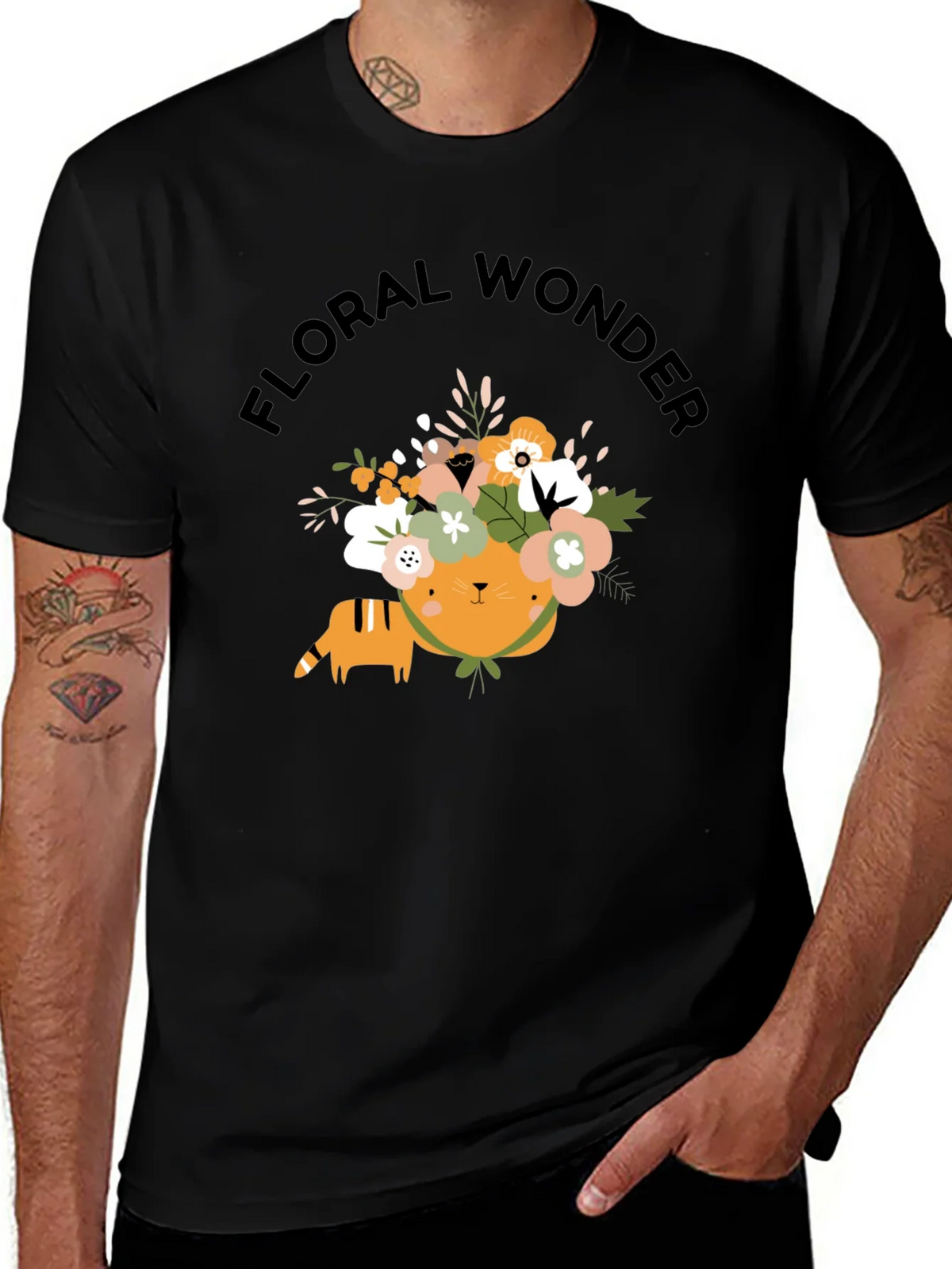 Floral Wonder Cat T-Shirt - Soft Black Cotton product image 1
