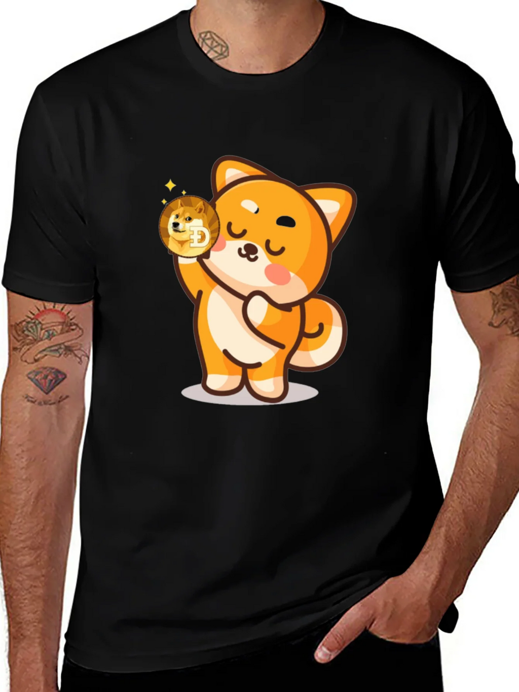 Dogecoin Shiba Inu Cartoon Black T-Shirt product image 1