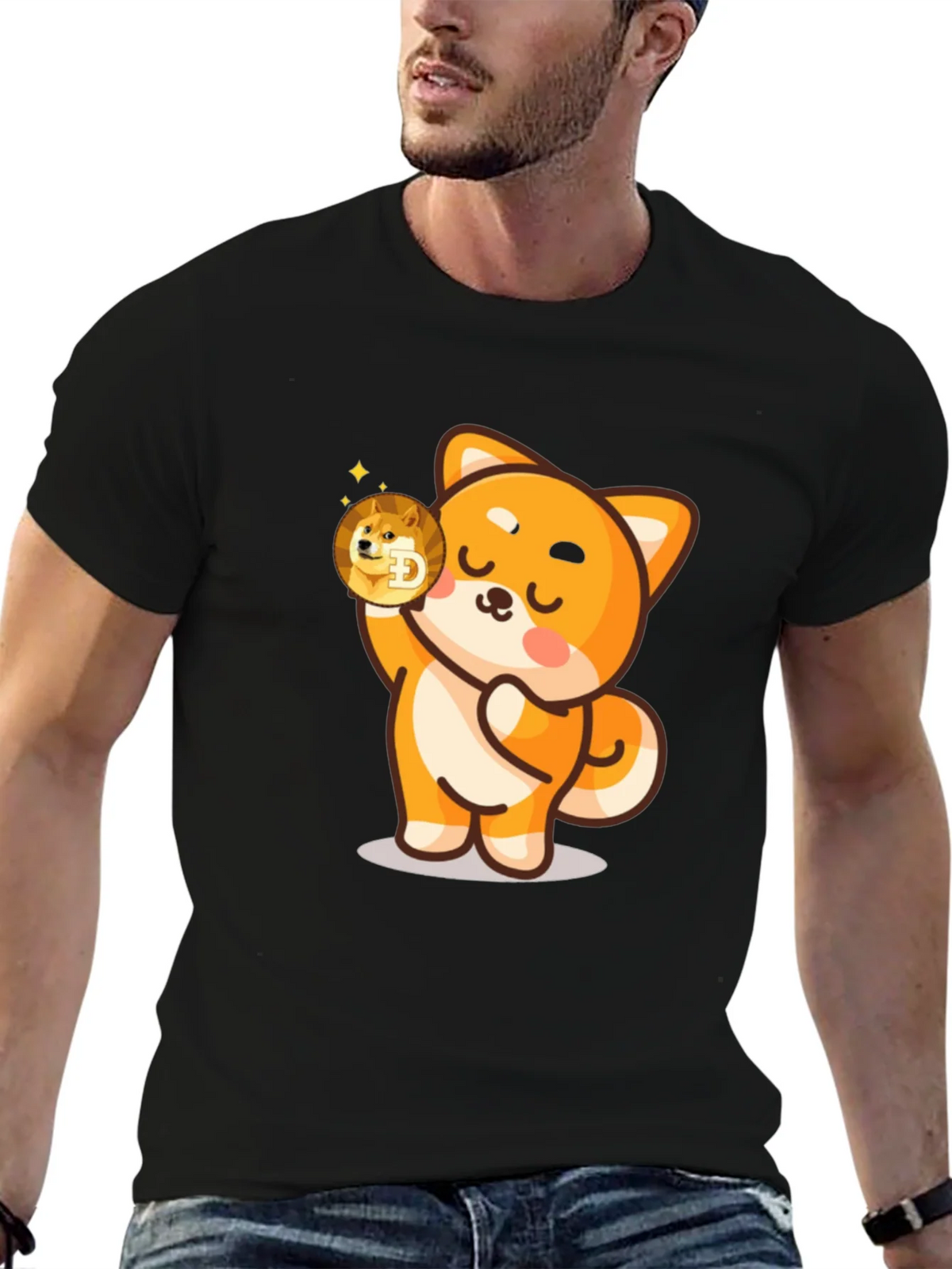 Dogecoin Shiba Inu Cartoon Black T-Shirt product image 6