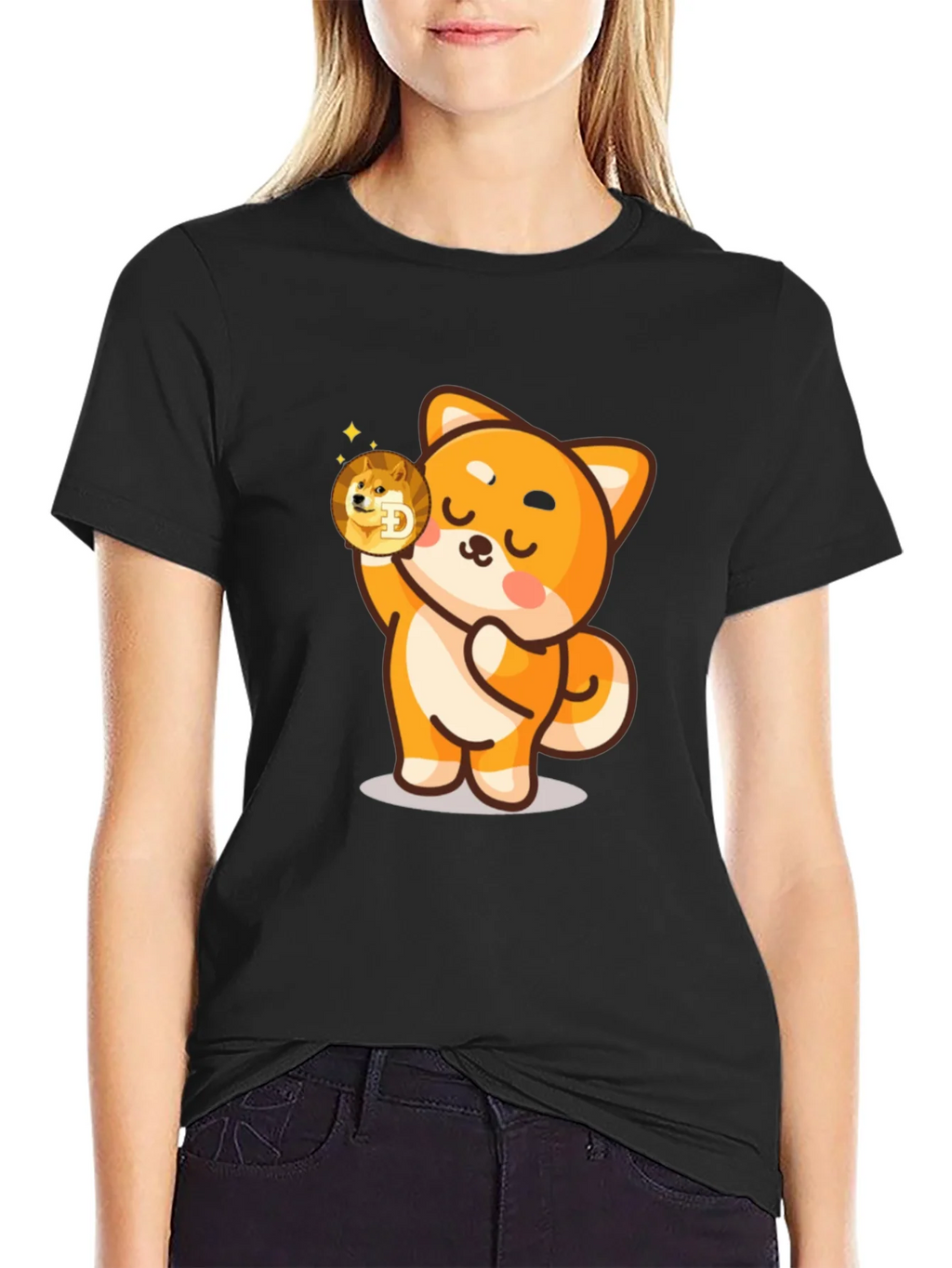 Dogecoin Shiba Inu Cartoon Black T-Shirt product image 2
