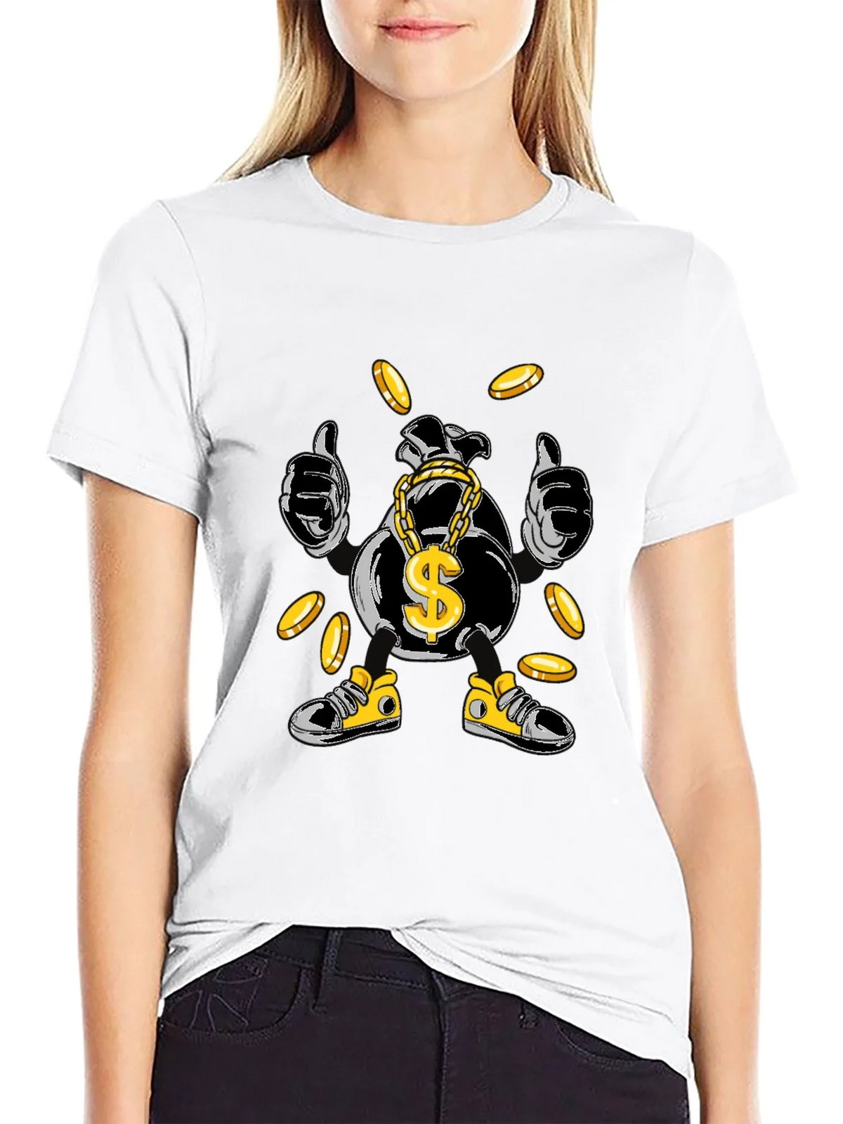 Money Bag Cartoon Graphic Tee - Black