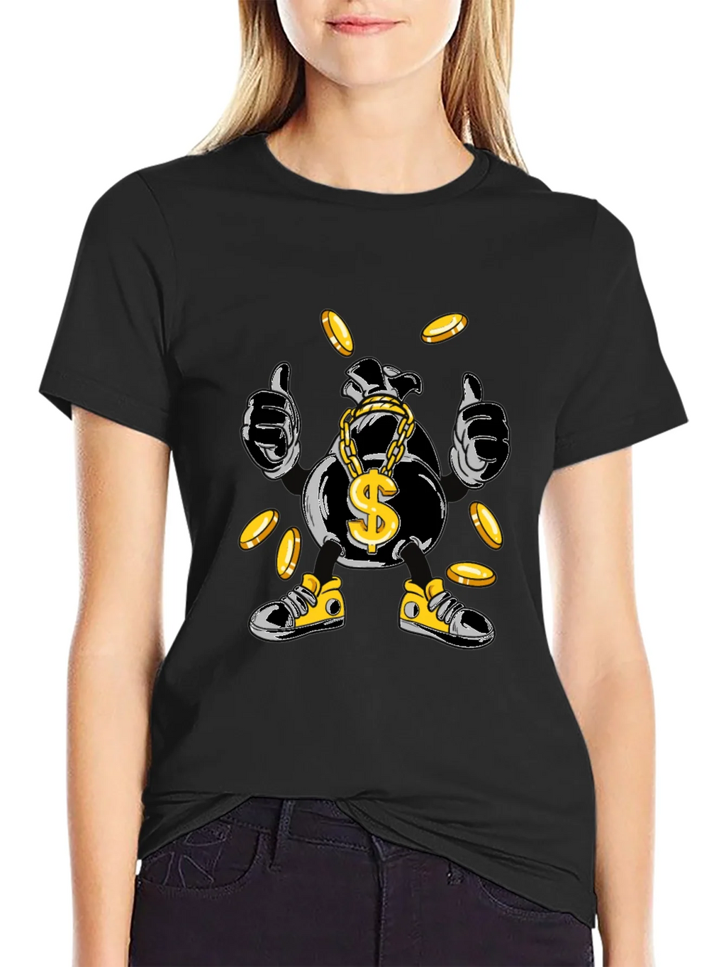 Money Bag Cartoon Graphic Tee - Black