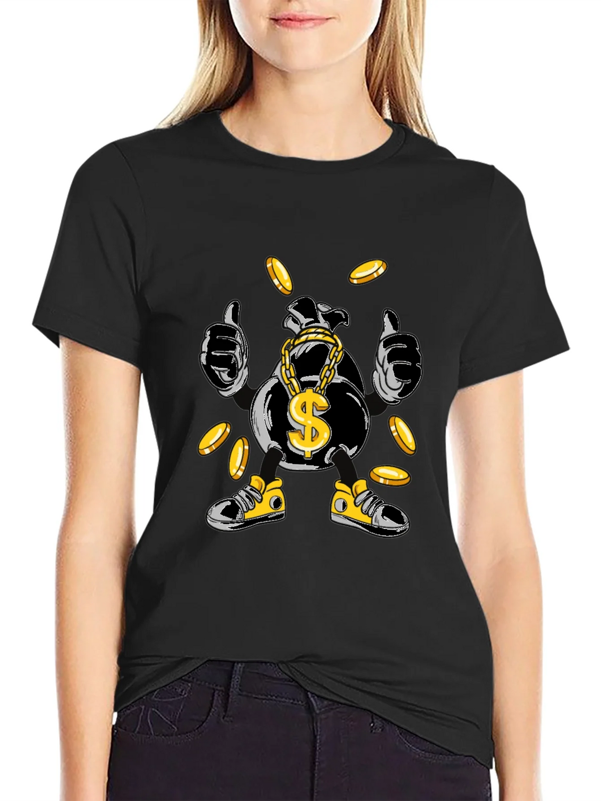Money Bag Cartoon Graphic Tee - Black