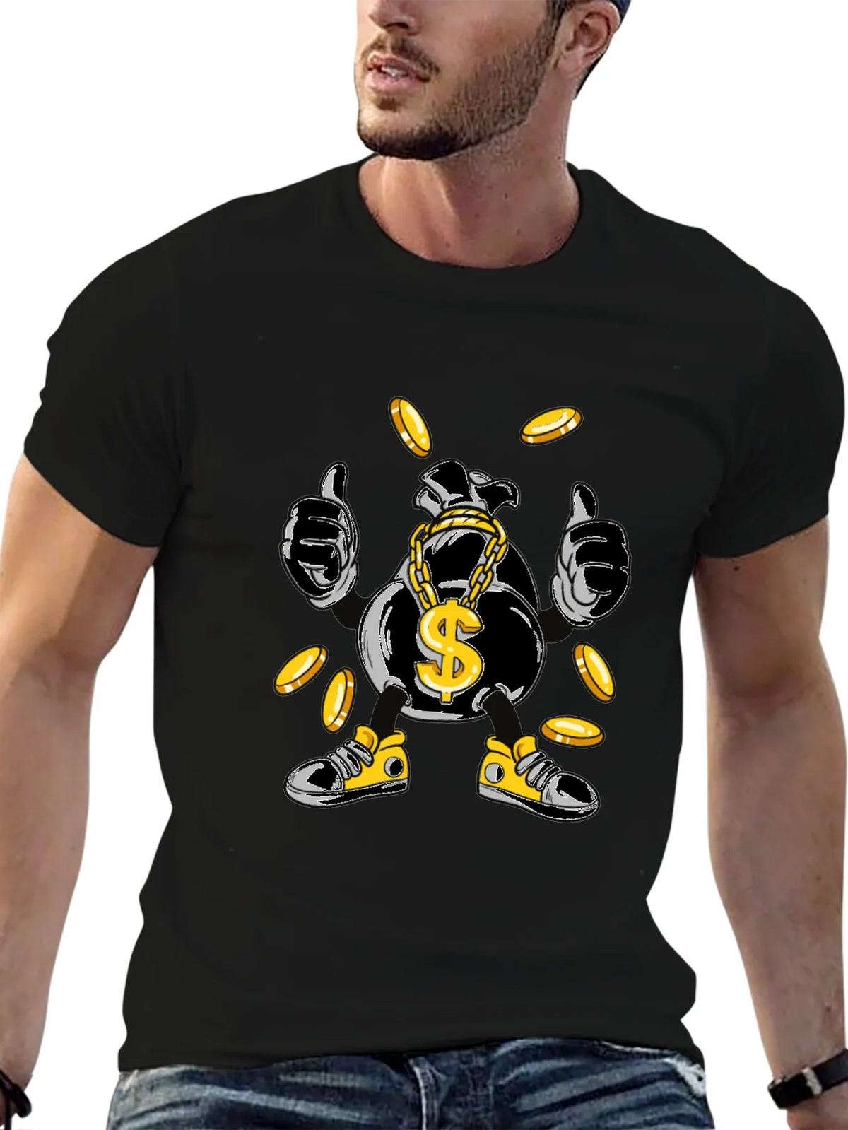 Money Bag Cartoon Graphic Tee - Black