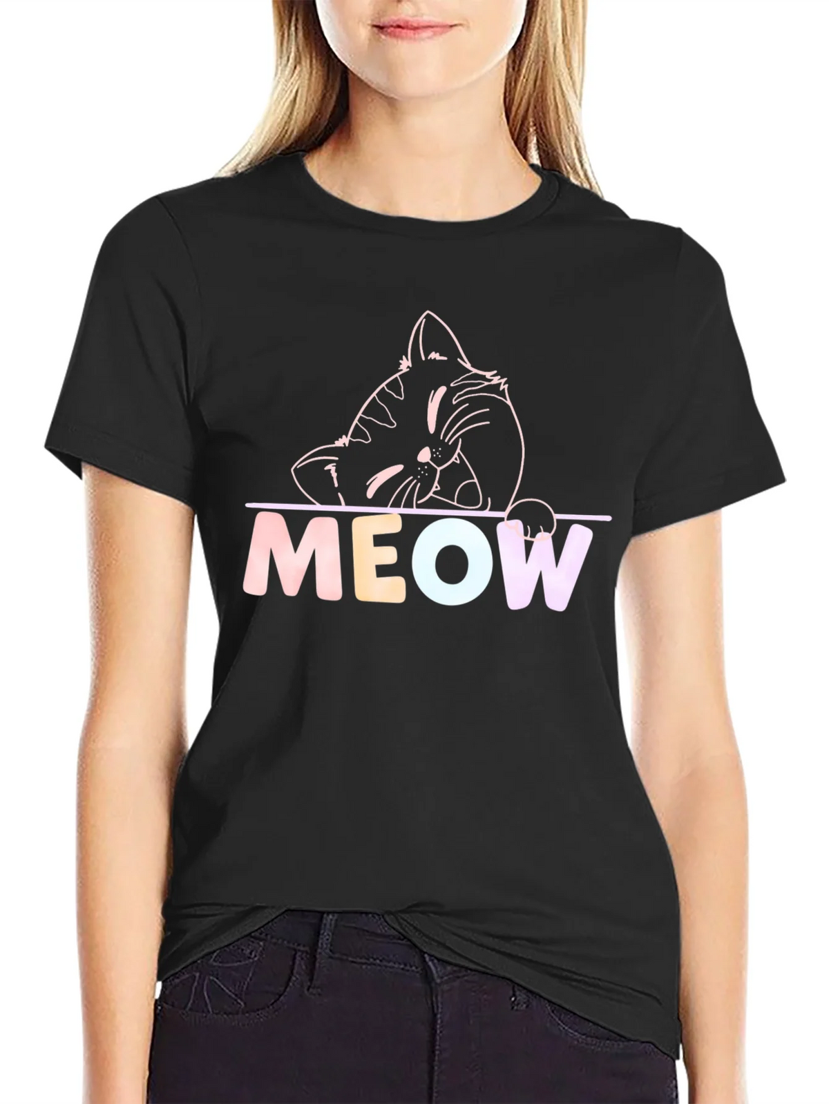 Meow Cat Graphic T-Shirt - Black Crew Neck Tee product image 2