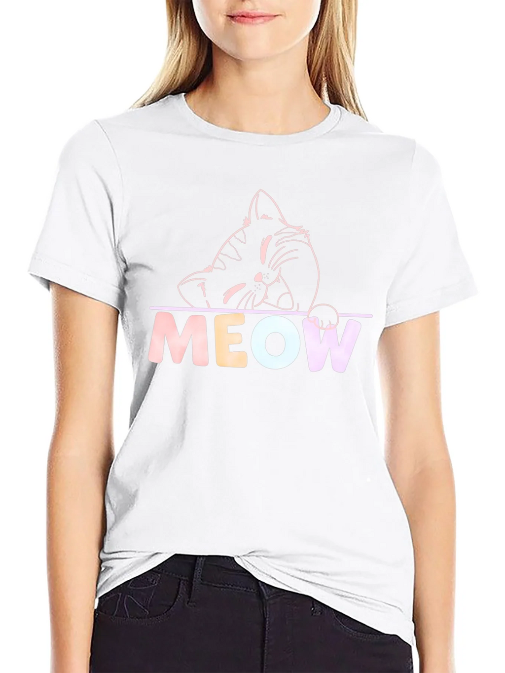 Meow Cat Graphic T-Shirt - Black Crew Neck Tee product image 8