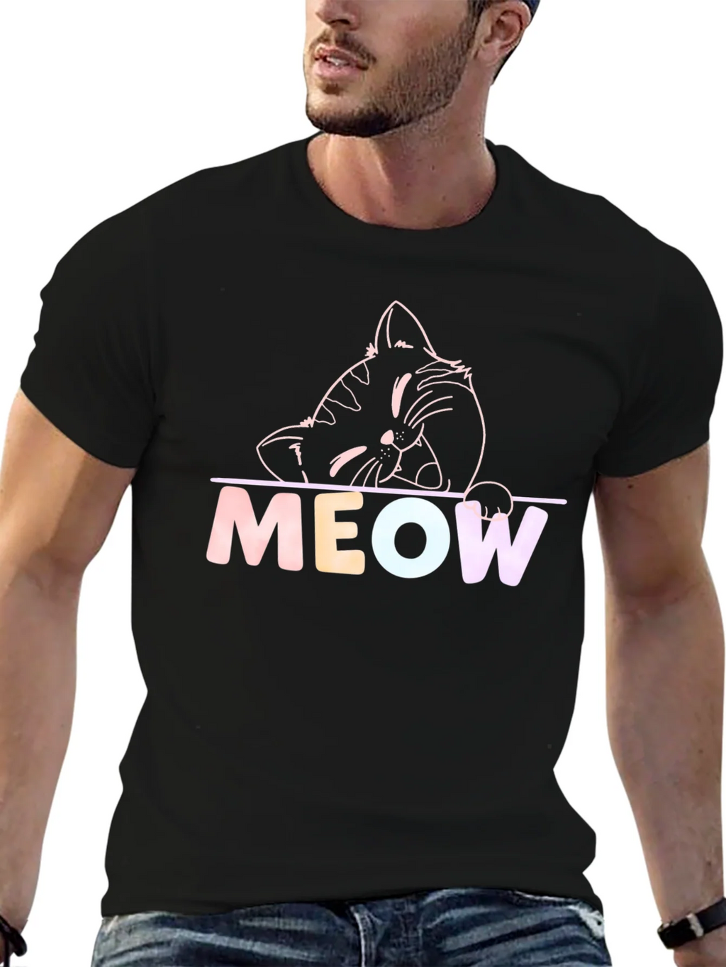 Meow Cat Graphic T-Shirt - Black Crew Neck Tee product image 6
