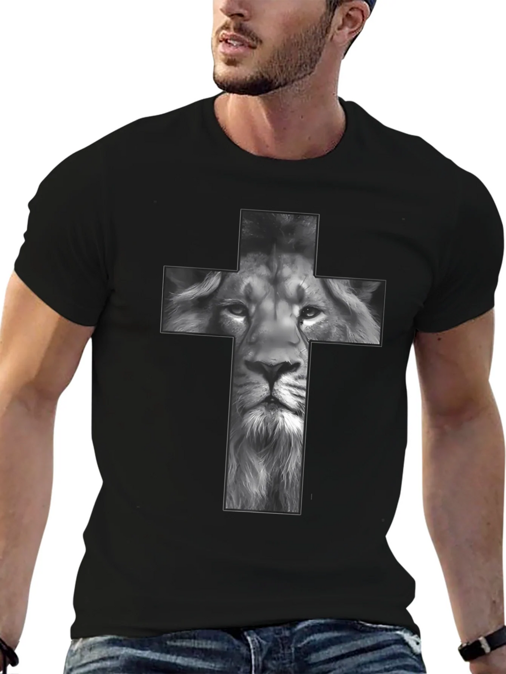Lion Cross Graphic Tee - Black Religious T-Shirt product image 6