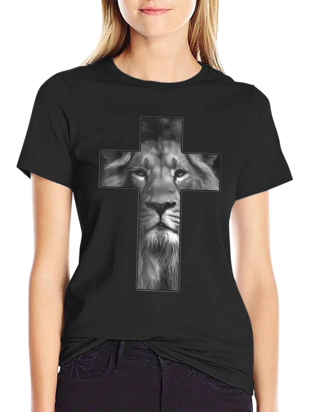 Lion Cross Graphic Tee - Black Religious T-Shirt product image 2