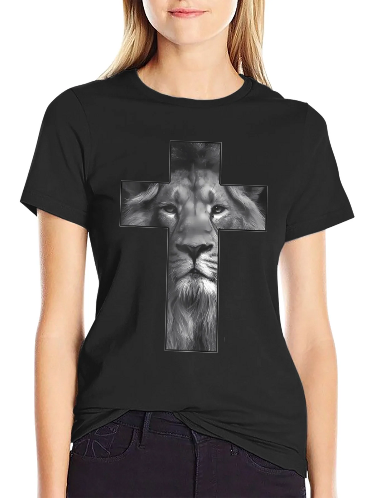 Lion Cross Graphic Tee - Black Religious T-Shirt product image 2