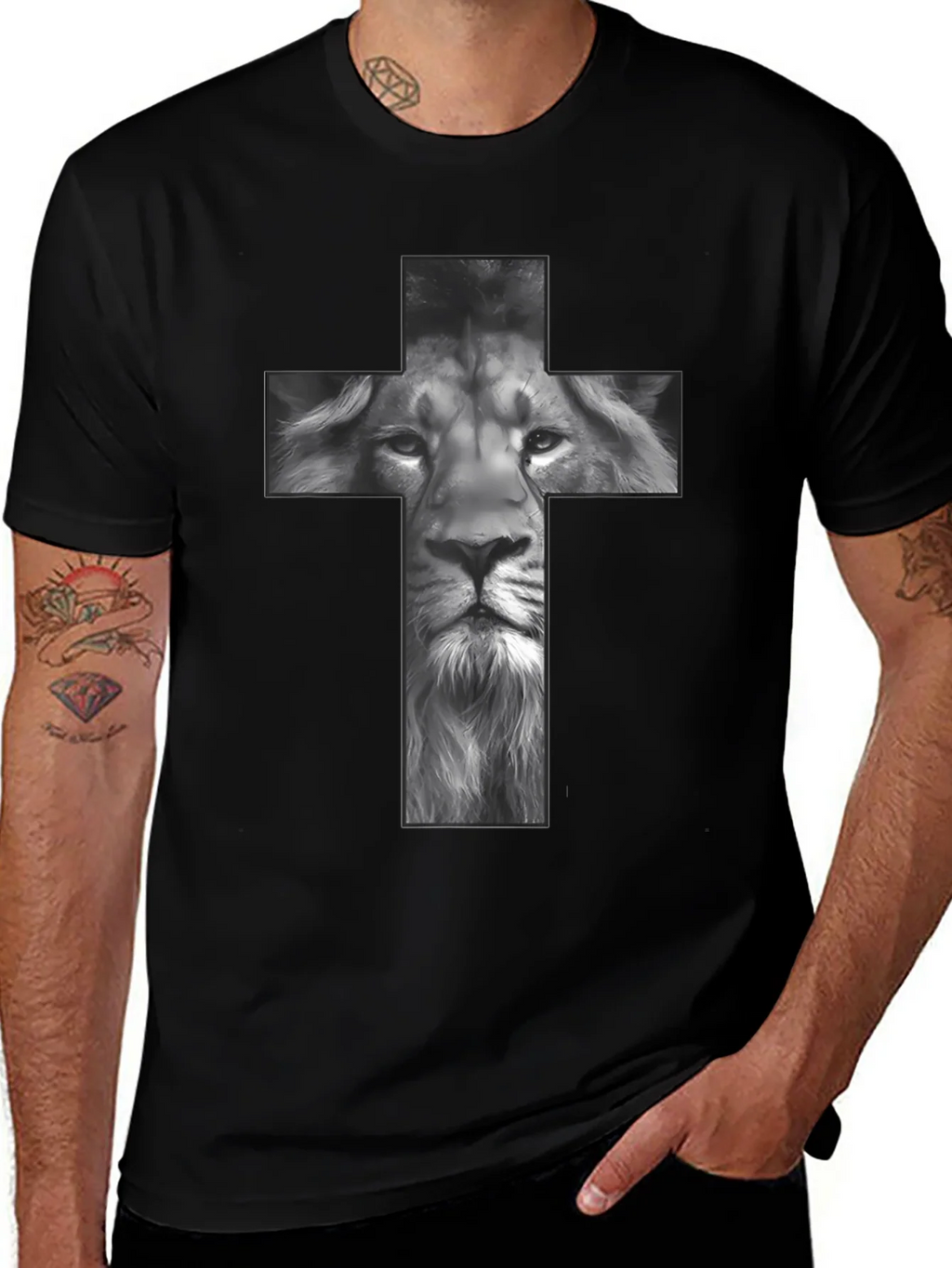 Lion Cross Graphic Tee - Black Religious T-Shirt product image 1