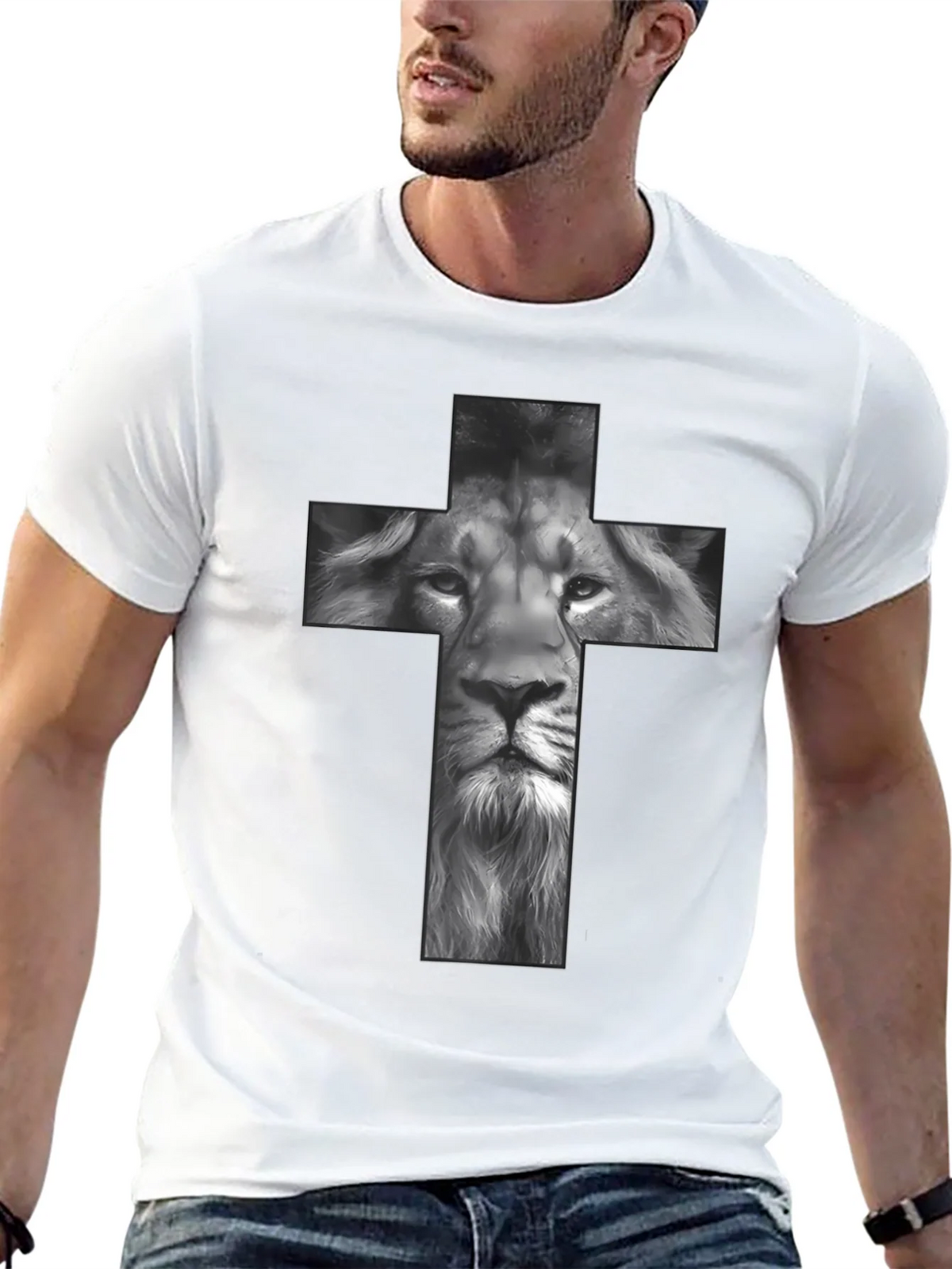Lion Cross Graphic Tee - Black Religious T-Shirt product image 12