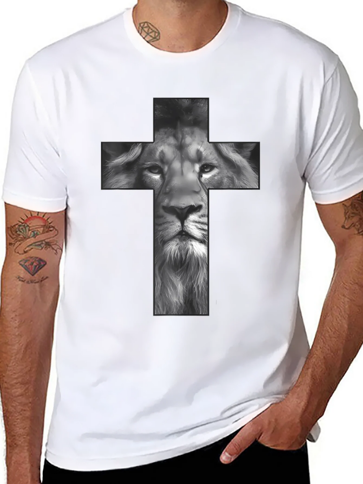 Lion Cross Graphic Tee - Black Religious T-Shirt product image 7