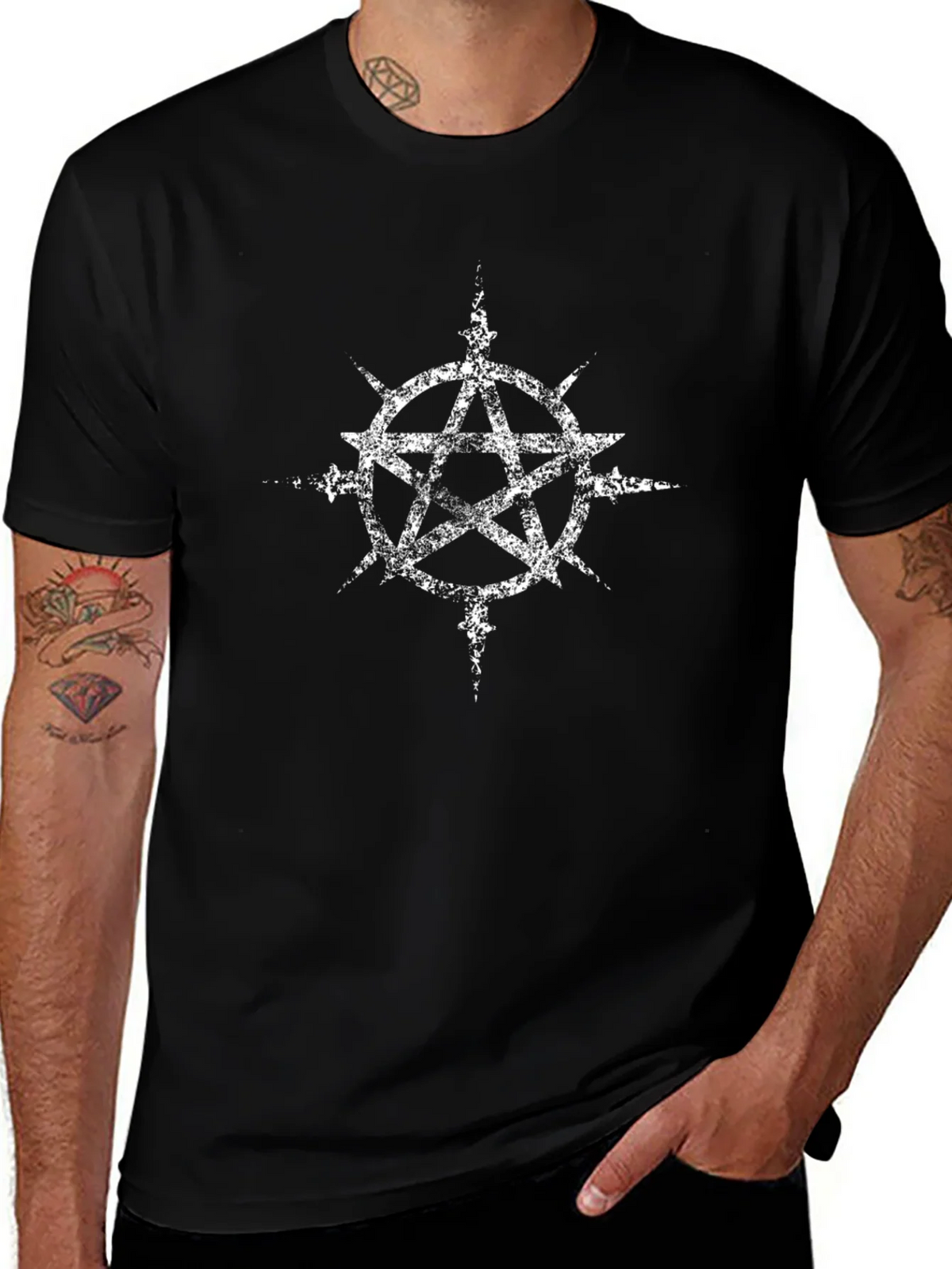 Distressed Pentagram Graphic Black T-Shirt product image 1