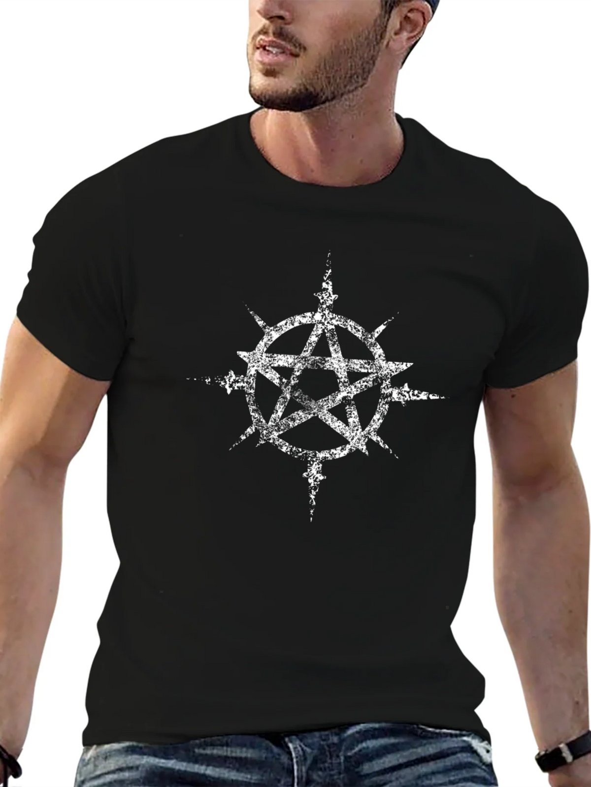 Distressed Pentagram Graphic Black T-Shirt product image 6