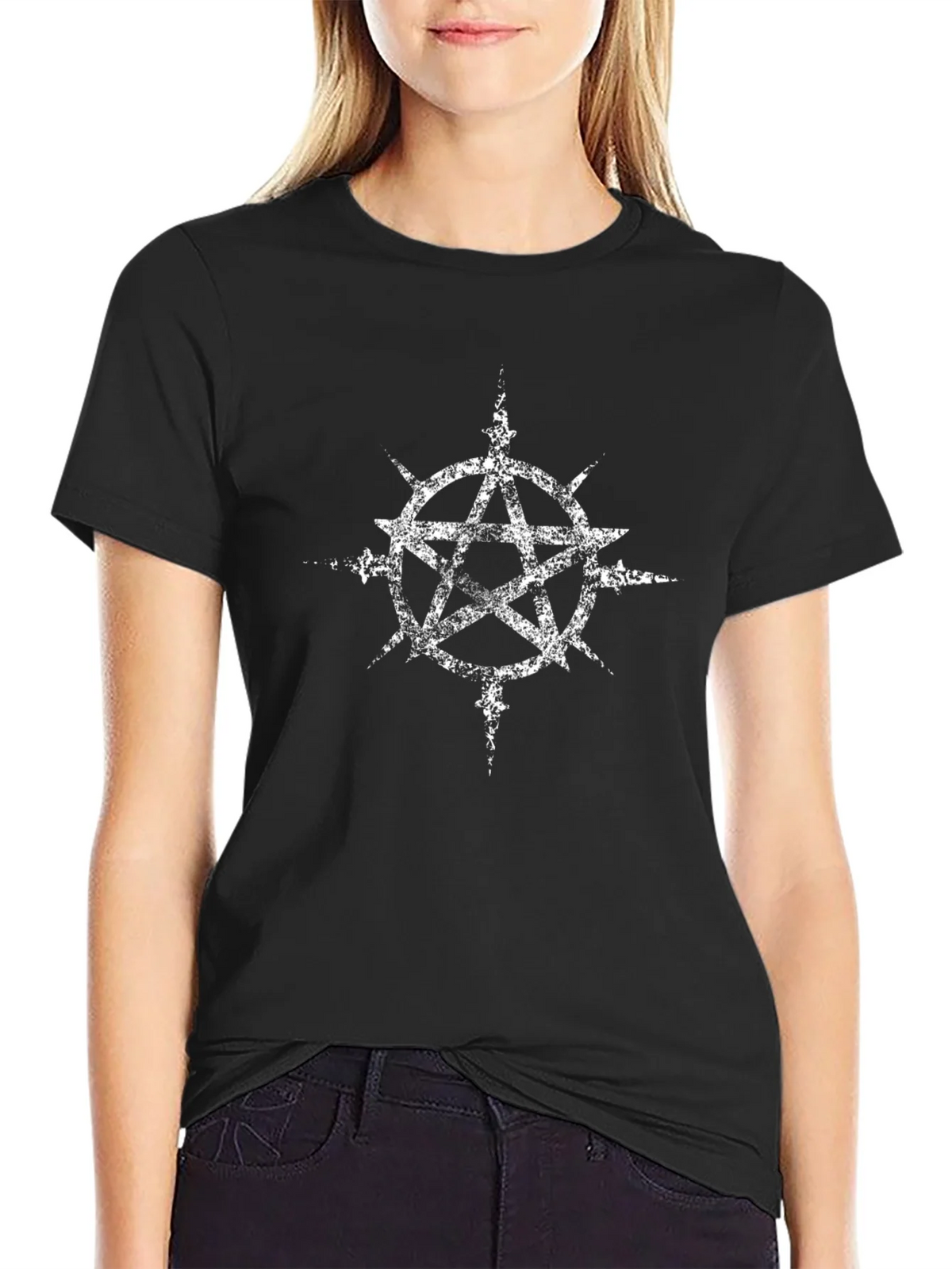 Distressed Pentagram Graphic Black T-Shirt product image 2