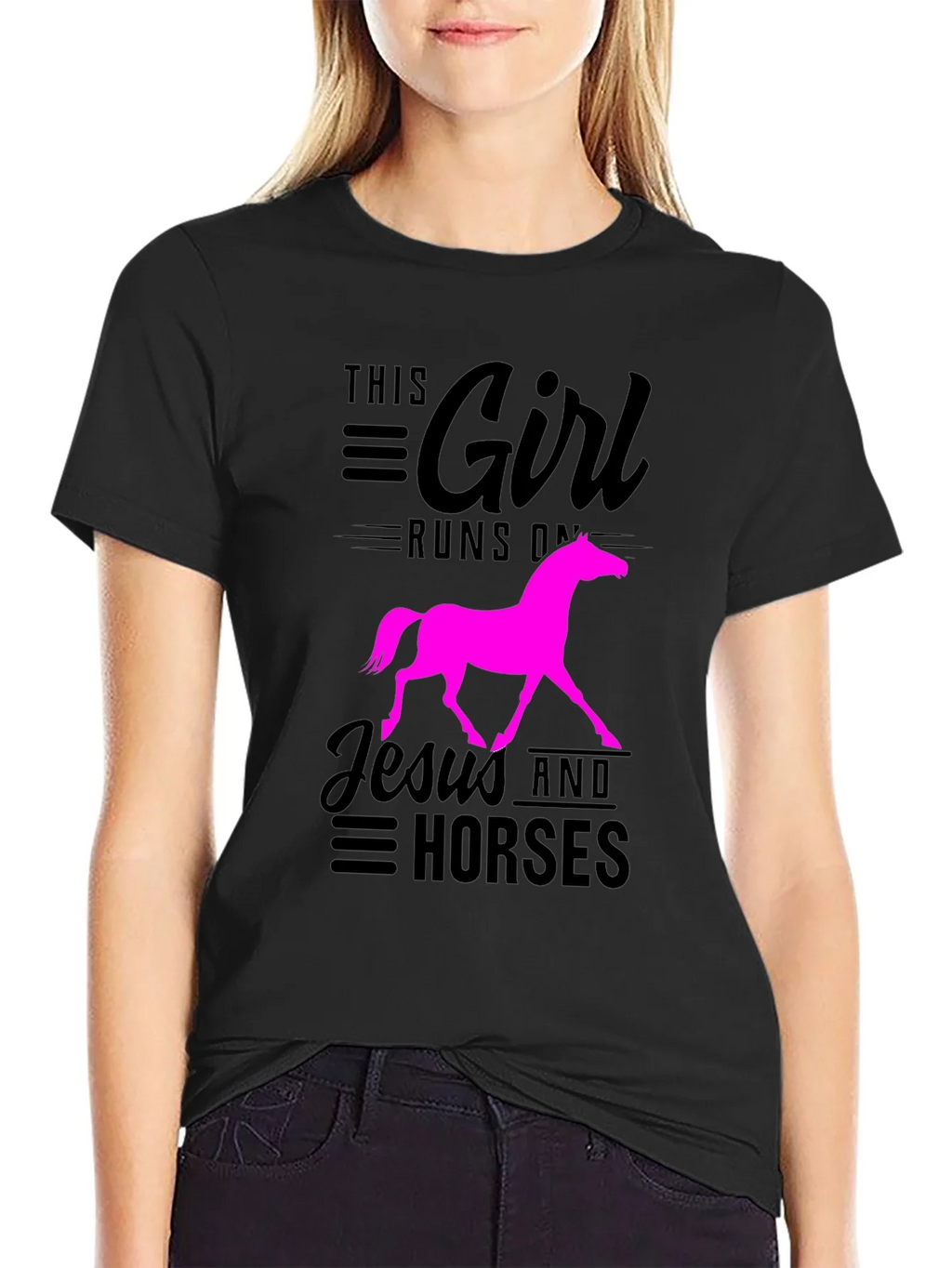 This Girl Runs on Jesus and Horses Black T-Shirt product image 2