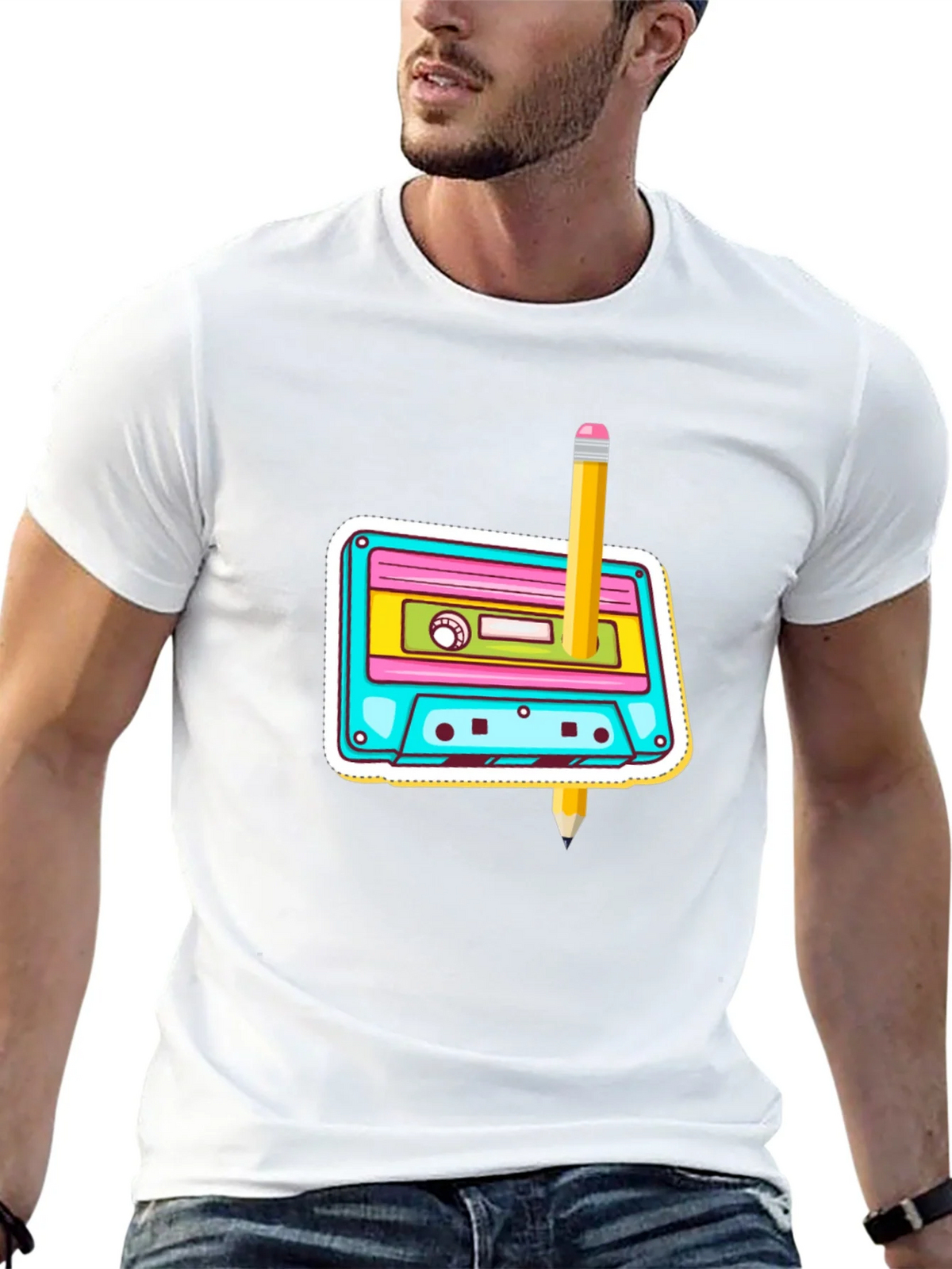 Retro Cassette & Pencil Graphic T-Shirt product image 12
