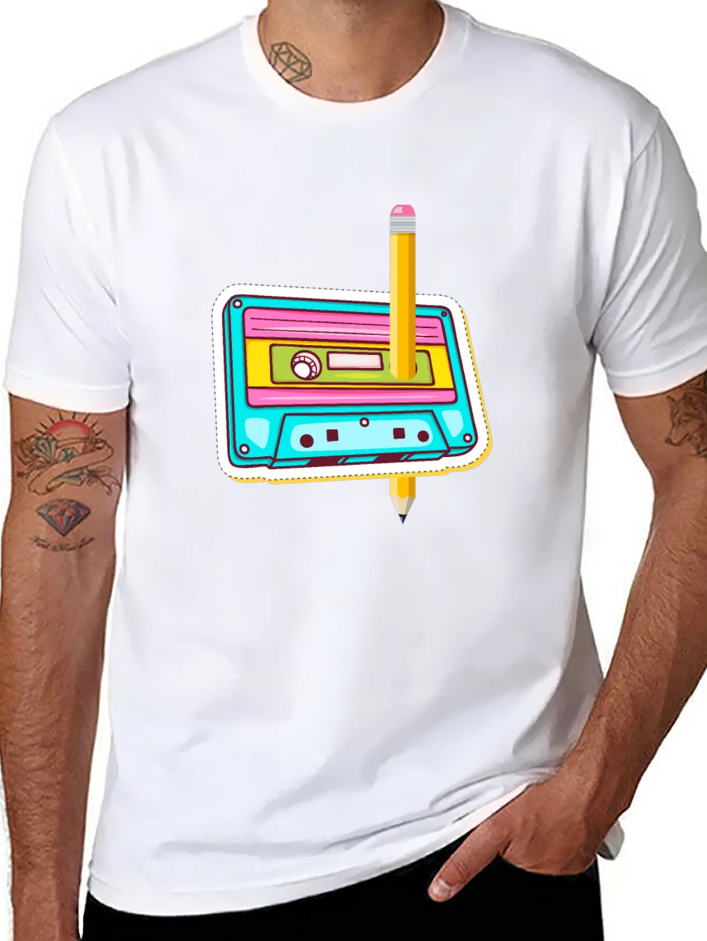 Retro Cassette & Pencil Graphic T-Shirt product image 7
