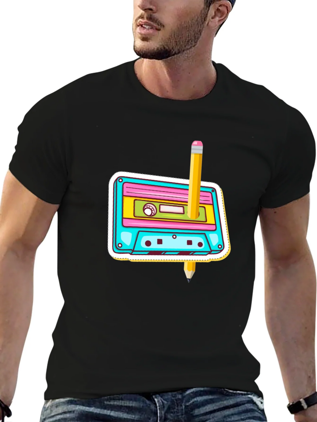 Retro Cassette & Pencil Graphic T-Shirt product image 6
