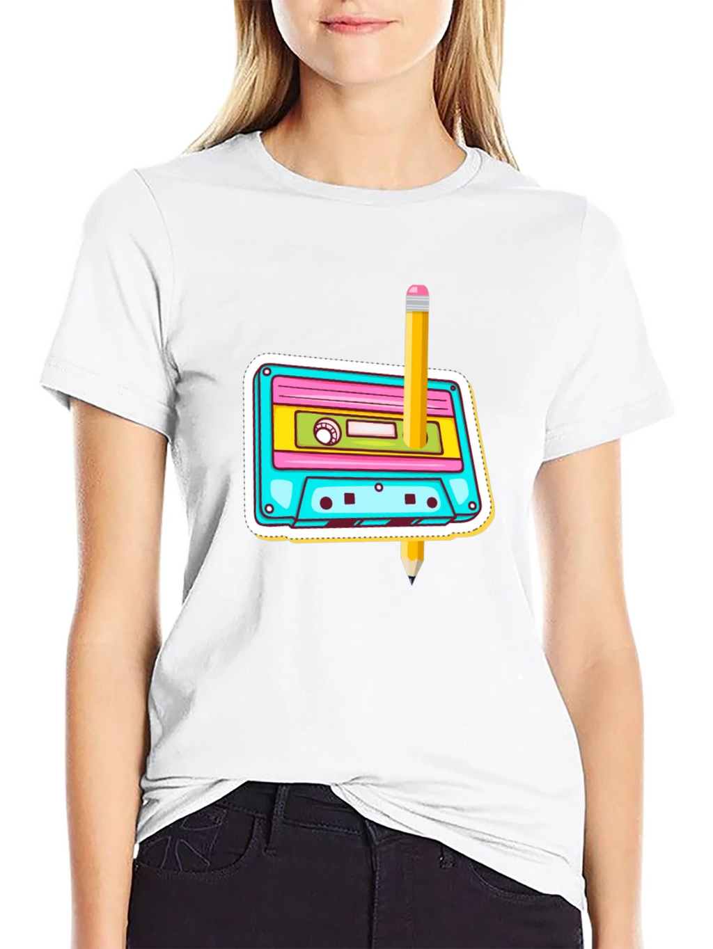 Retro Cassette & Pencil Graphic T-Shirt product image 8