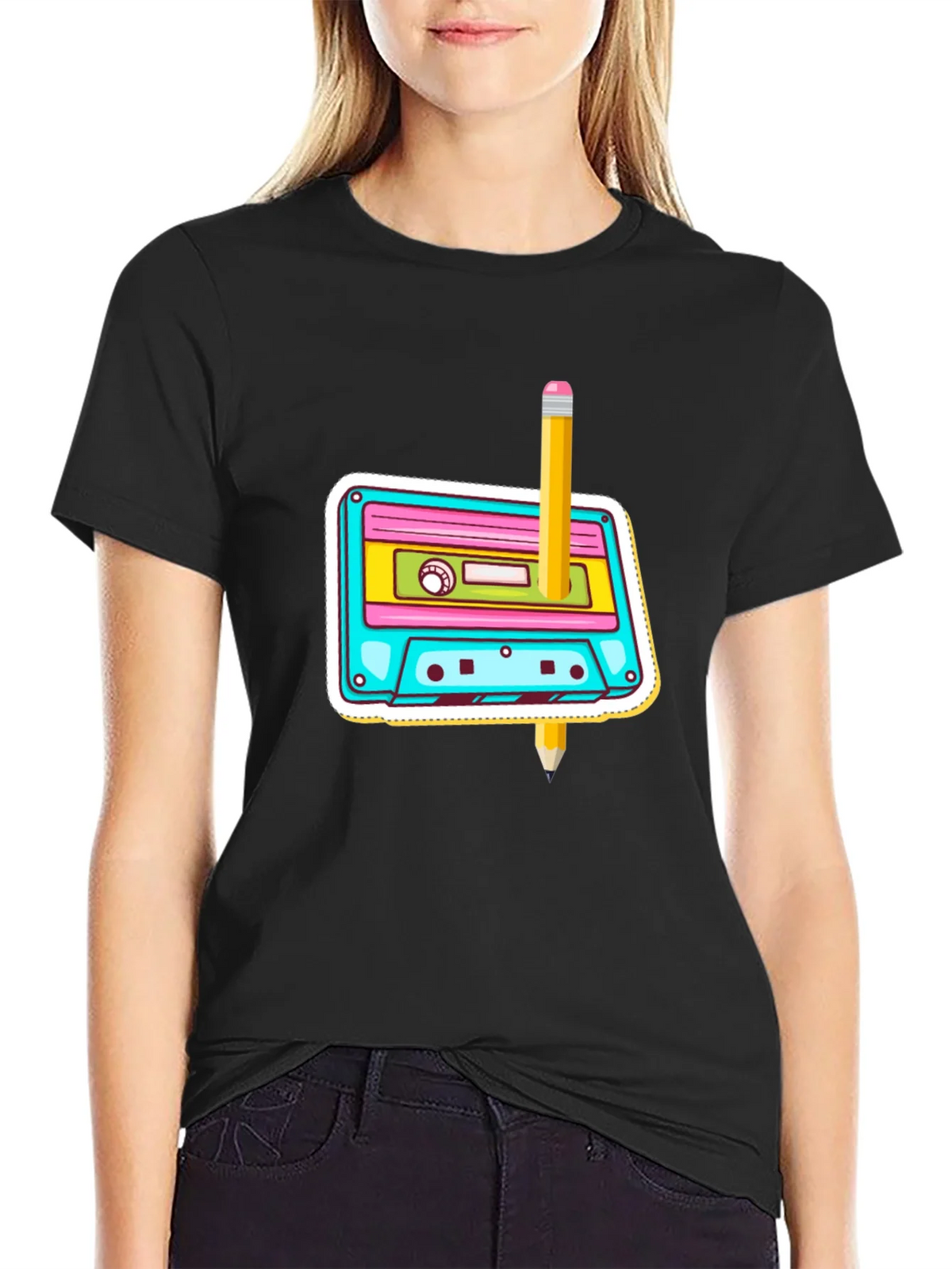 Retro Cassette & Pencil Graphic T-Shirt product image 2