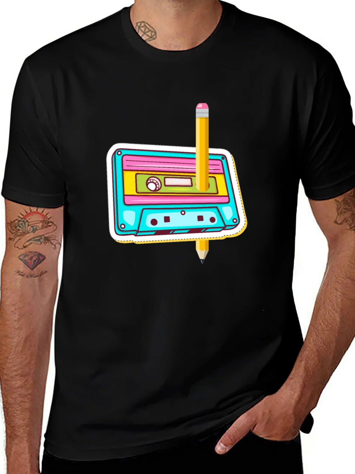 Retro Cassette & Pencil Graphic T-Shirt product image 1