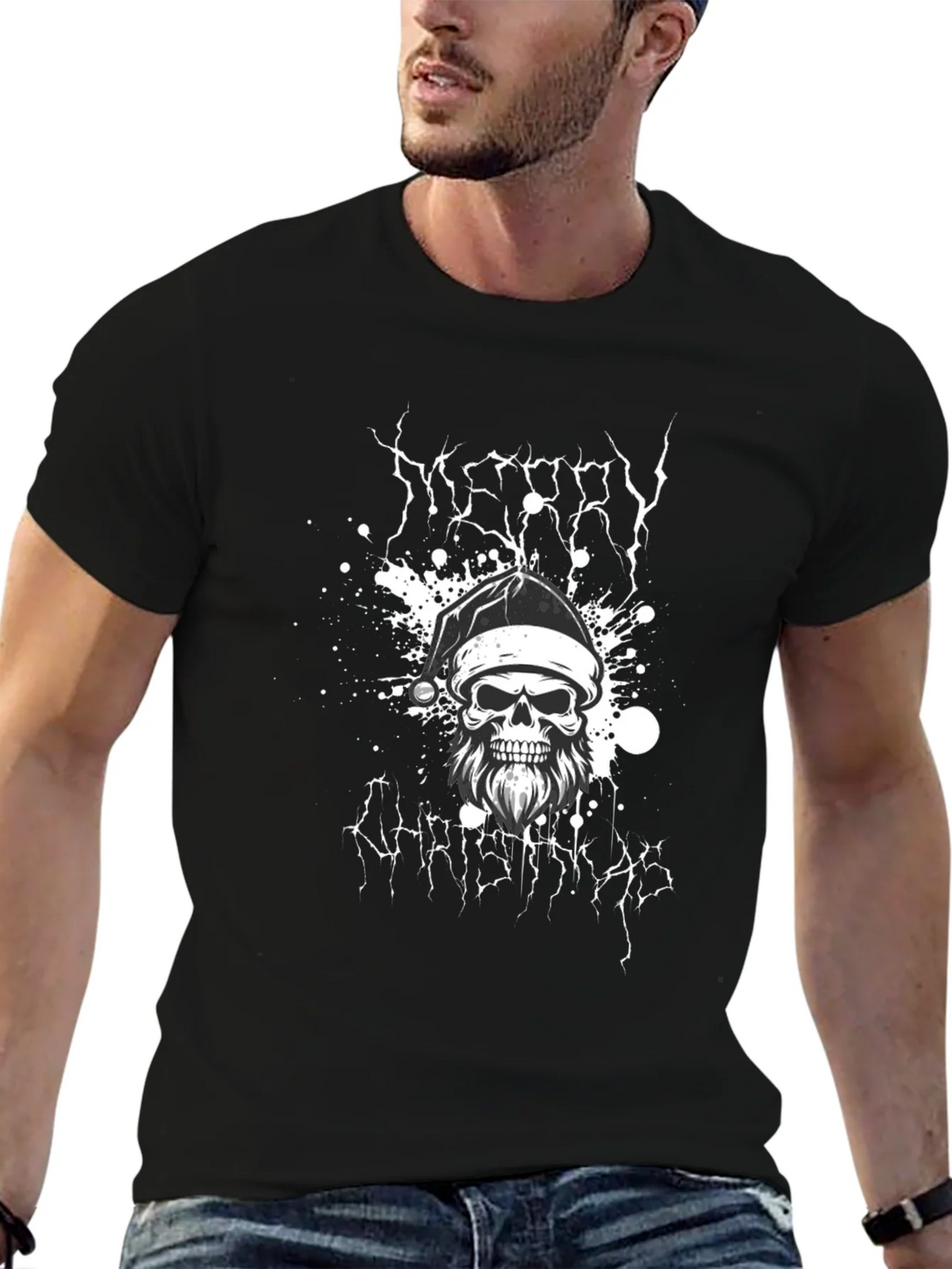 Merry Christmas Skull Graphic Tee - Black