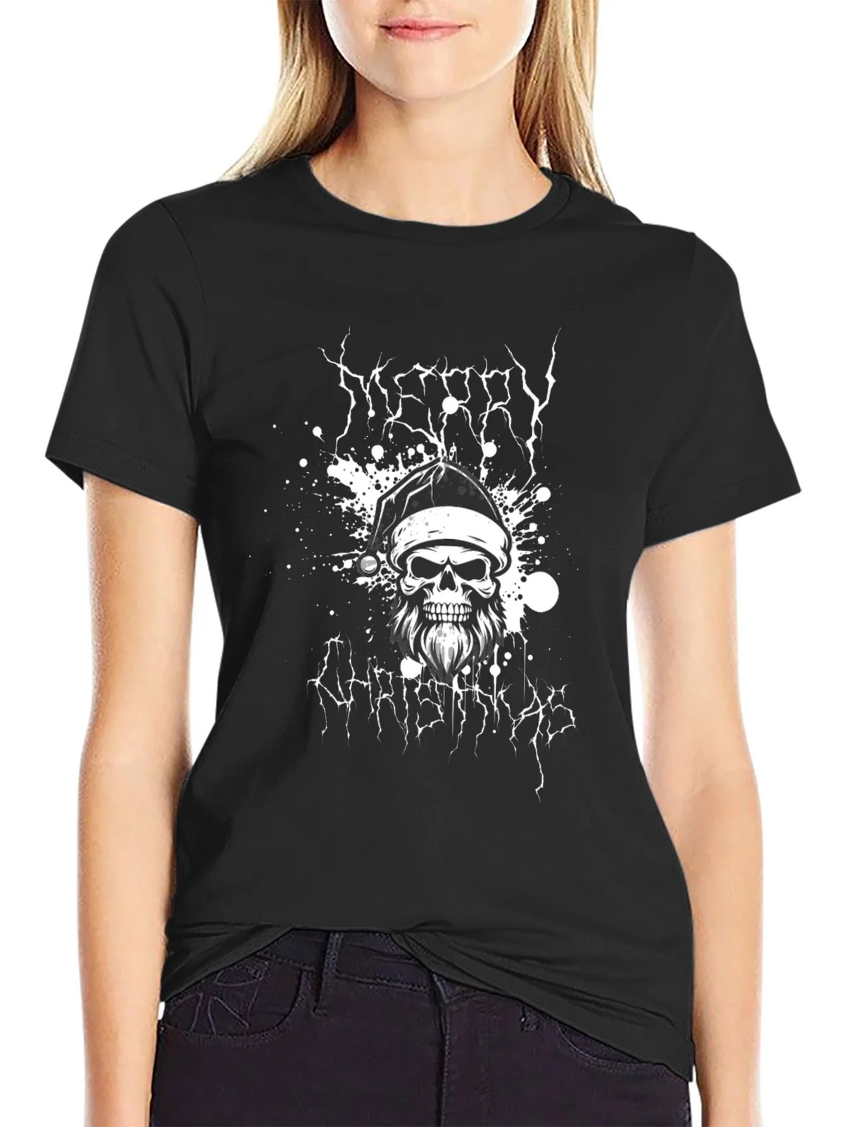 Merry Christmas Skull Graphic Tee - Black