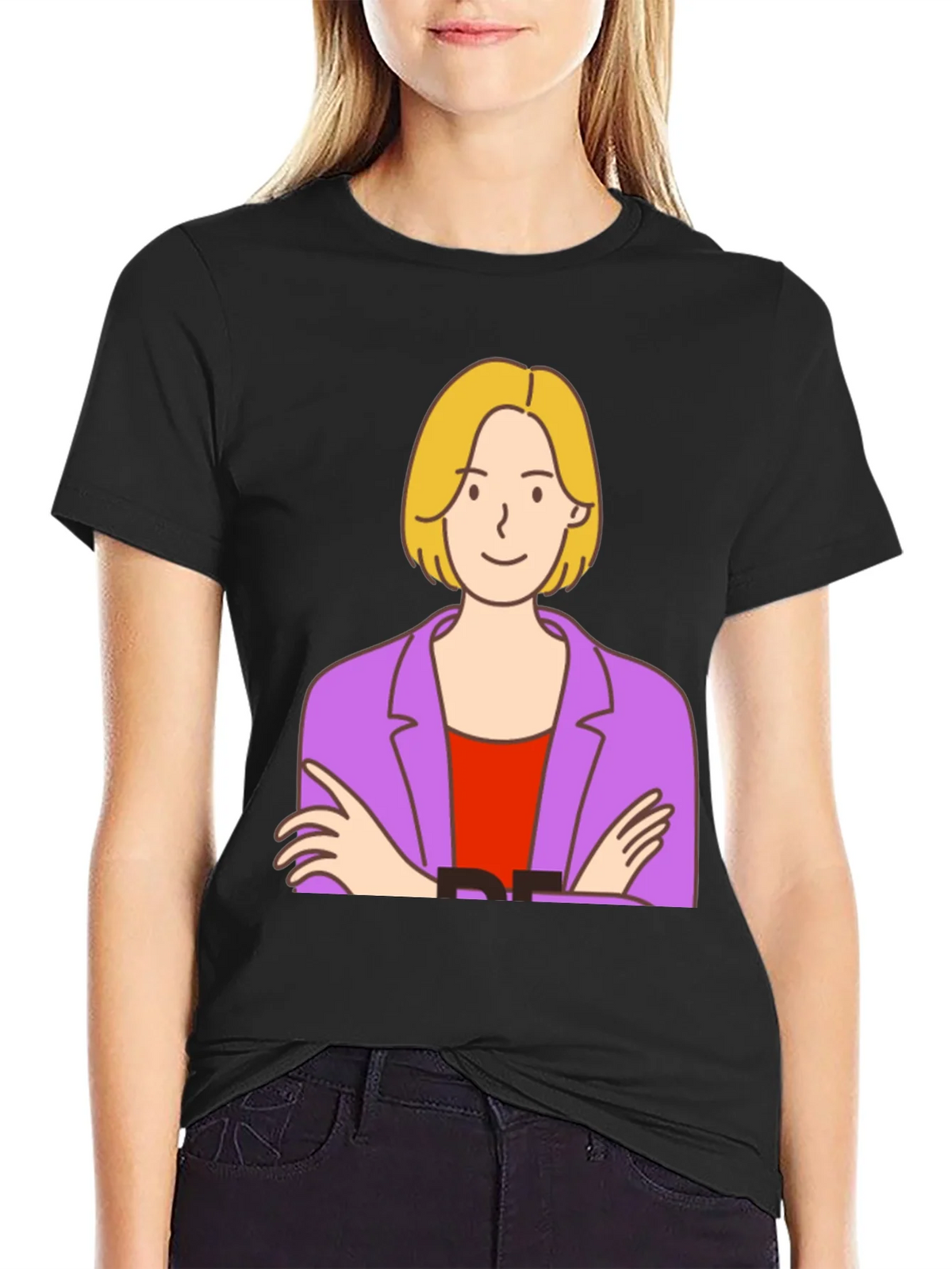 Cartoon Woman Graphic Tee - Black Cotton T-Shirt product image 2