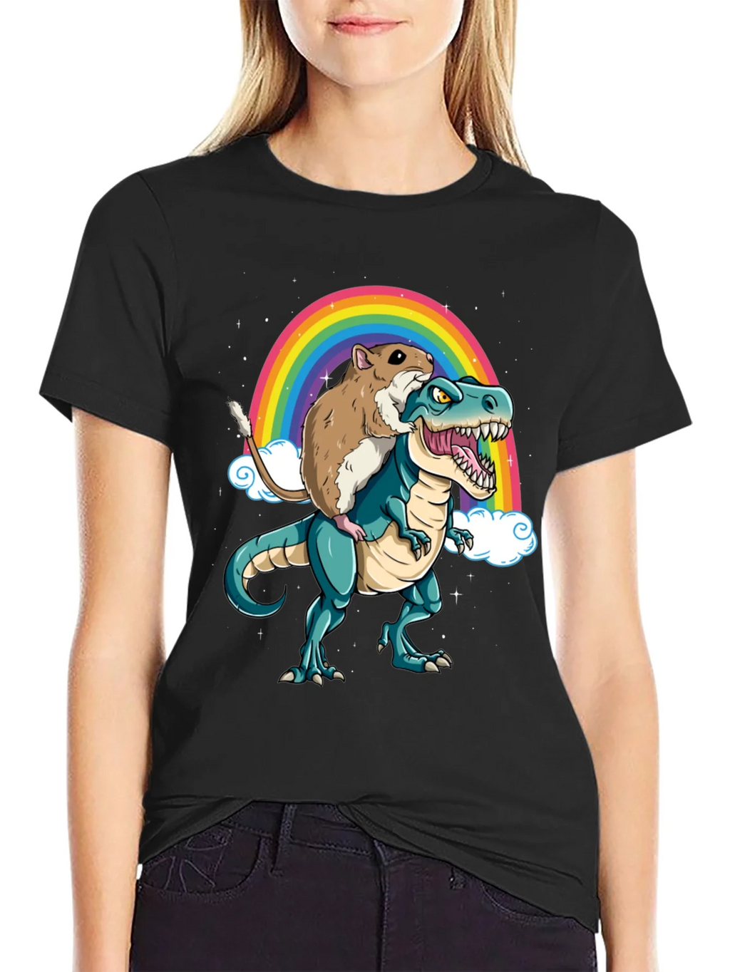 Hamster Riding Dinosaur Rainbow T-Shirt product image 2