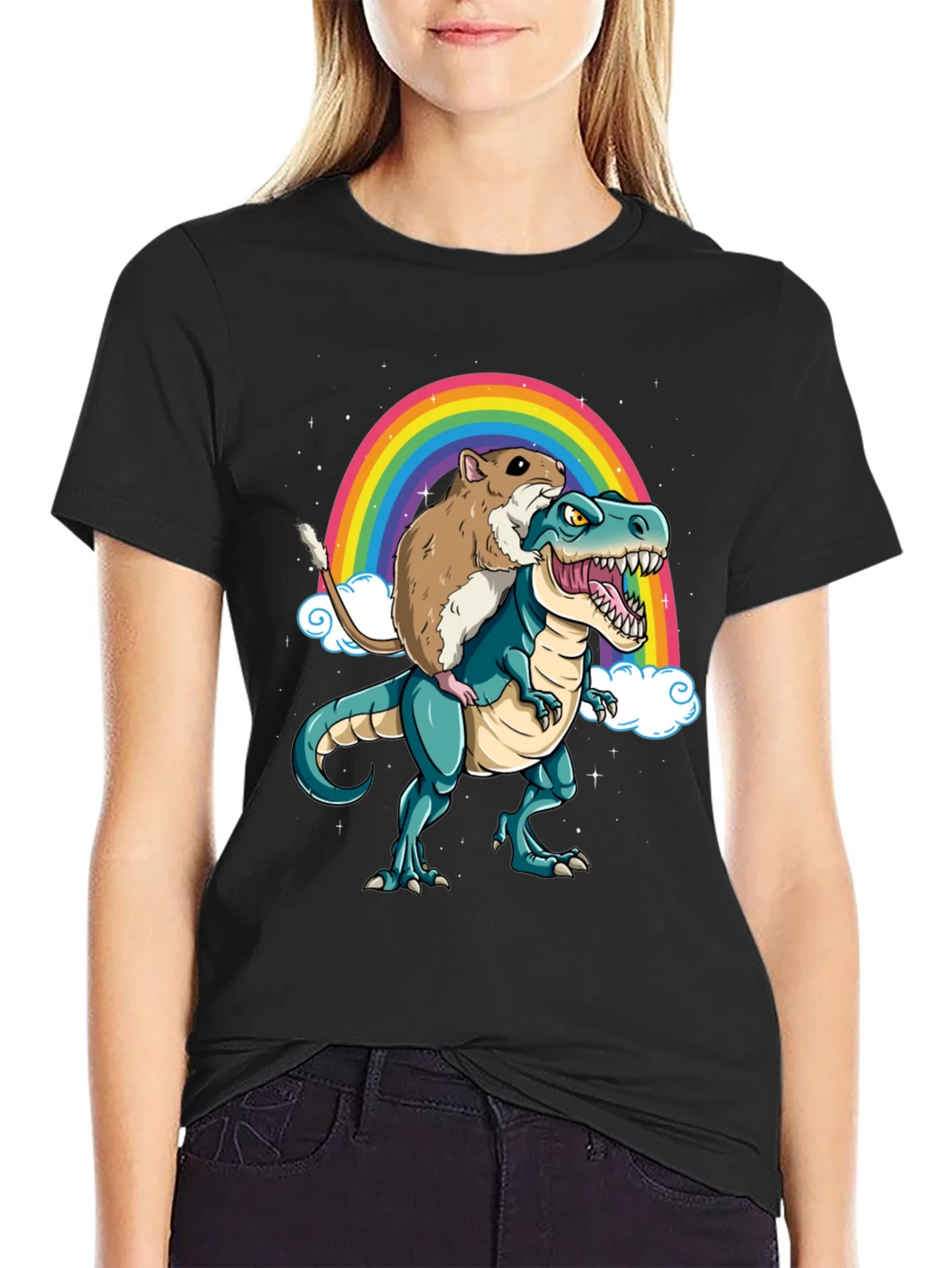 Hamster Riding Dinosaur Rainbow T-Shirt product image 2