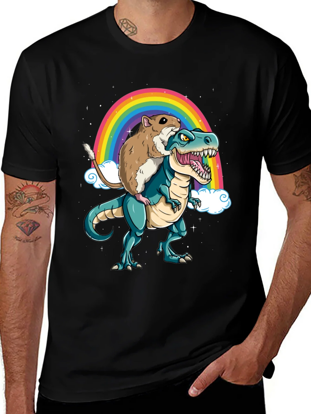 Hamster Riding Dinosaur Rainbow T-Shirt product image 1